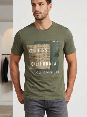 NWT Guess California Los Angeles Graphic T-Shirt Olive Green Size Large L Top